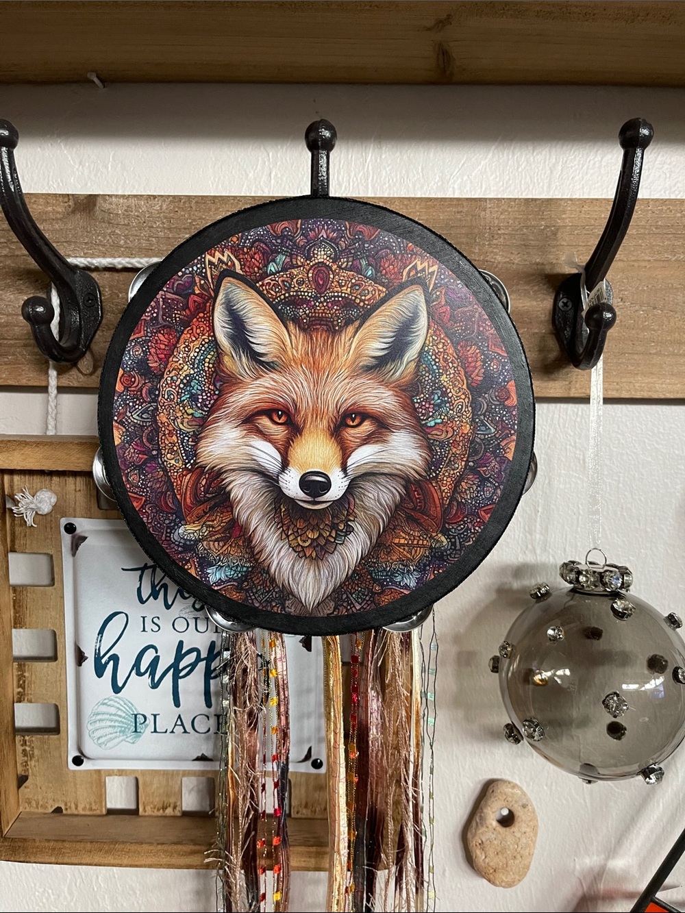 Fox Mandala Wall Hanging Tambourine— Multi-Color Decorative Art 8”